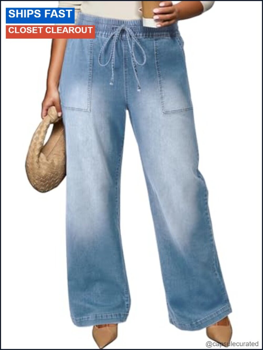 Plus Size High Waisted Wide Leg Jeans Stretchy Drawstring Denim Pants
